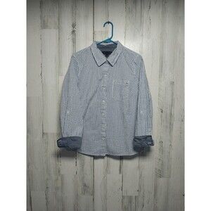 Tommy Hilfiger Women's Large Blue White Striped Seersucker Button Up Top